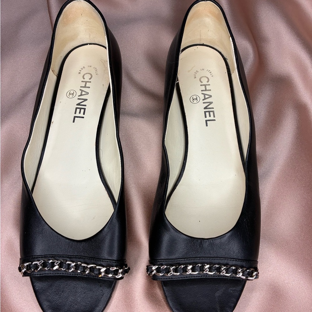 CHANEL Black Peep-Toe Heels with Chain Detail